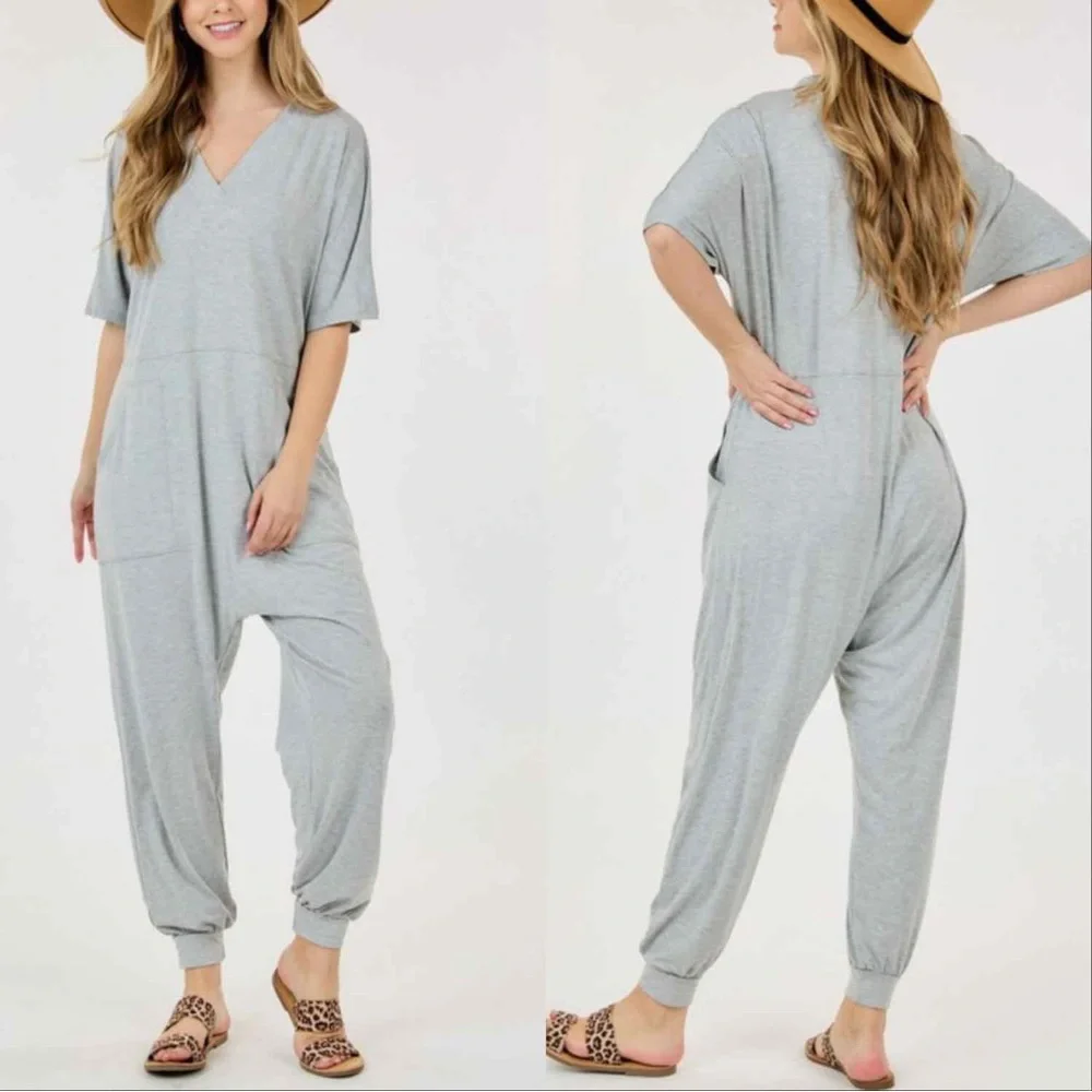Everyday Comfy V-Neck Jumpsuit with Pockets and Harem Cut Bottom - ROSE - Picture 2 of 2